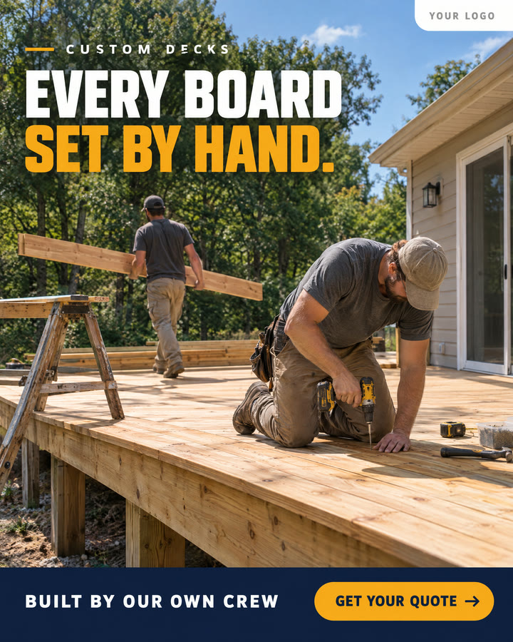 An example ad for a deck builder. Two carpenters build a deck. It says every board set by hand.