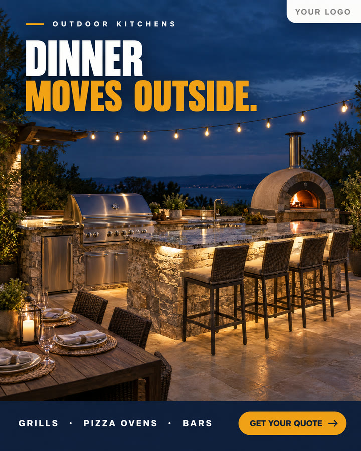 An example ad for an outdoor kitchen builder. A stone grill island at night. It says dinner moves outside.
