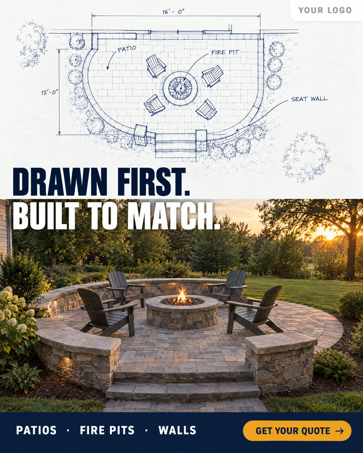 An example ad for a patio company. A drawn plan above, the finished patio below. It says drawn first, built to match.