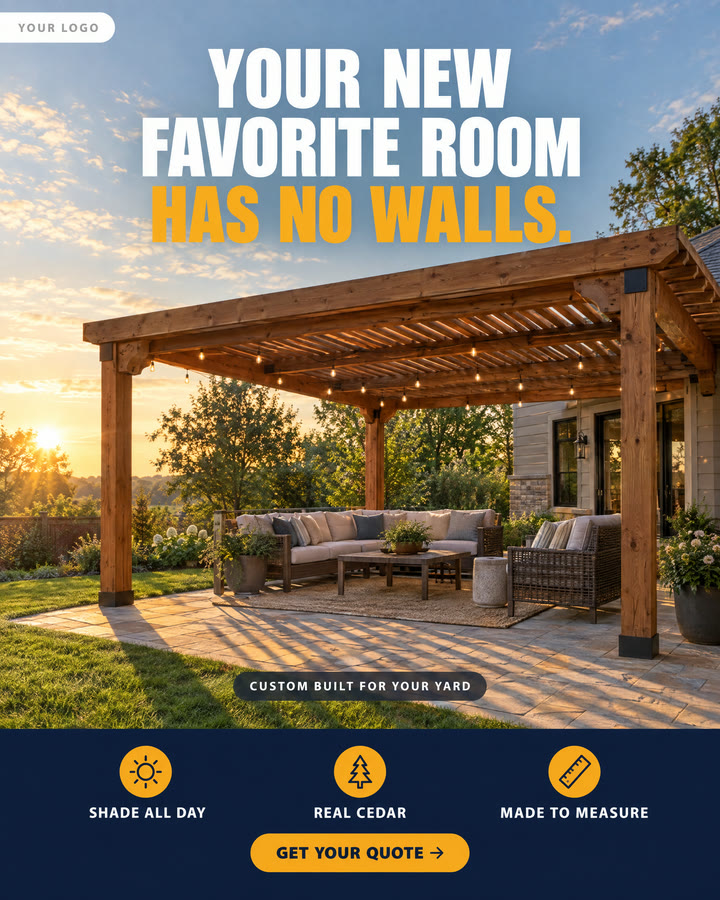 An example ad for a pergola builder. A wood pergola at sunset. It says your new favorite room has no walls.