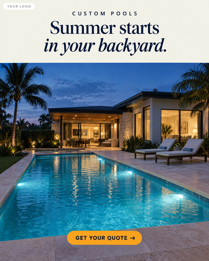 An example ad for a pool builder. A lit pool at dusk. It says summer starts in your backyard.